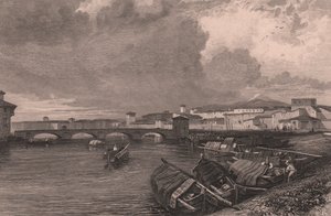 Näkymä Arno-joelle Pisassa, Toscanassa, Italiassa, Thomas Highamin (1796-1844) teräskaiverrus James Duffield Hardingin (1798-1863) piirtämänä tekijältä James Duffield Harding