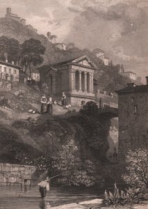 Näkymä Clitumnuksen temppelistä Clitunno-joen varrella lähellä Campello sul Clitunnoa, Umbria, Italia, Jordanin teräskaiverrus James Duffield Hardingin (1798-1863) piirtämänä, noin 10, 5x15 cm tekijältä James Duffield Harding