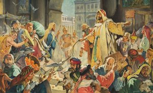 Jeesus poistaa lainanantajat temppelistä (guassi paperille).