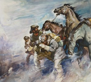 Miehet ja hevoset taistelevat myrskyä vastaan (guassi paperille) tekijältä James Edwin McConnell