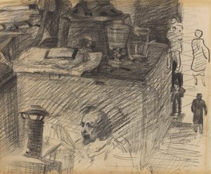 Ateljeen nurkka, jossa on uuninjalka, arkku ja hahmot tekijältä James Ensor