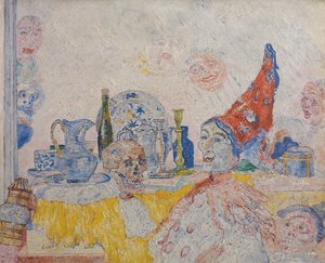 Pierrot ja luuranko keltaisessa toogassa tekijältä James Ensor