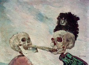 Luurangot taistelevat silakasta (öljy paneelissa) tekijältä James Ensor