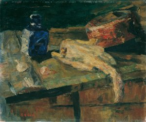 Asetelma sinisellä pullolla ja kynityllä kanalla tekijältä James Ensor