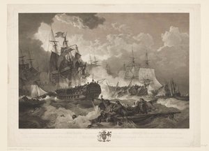 Kuona Kamperduinissa, 1797 Voitto, jonka brittiläinen Pohjanmeren laivue sai Alankomaiden laivastosta amiraali Duncanin komennossa 11. lokakuuta 1797 tapahtuneessa toiminnassa (otsikko esineessä)