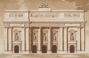 Dublinin parlamenttitalon länsirintaman korkeus, n. 1787 (kynä ja sivellin ruskealla musteella ja wc asetetulla paperilla) tekijältä James Gandon