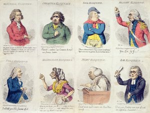 8 vinjettiä, jotka kuvaavat kaunopuheisuutta, julkaisija Hannah Humphrey vuonna 1795 (käsinvärinen etsaus) tekijältä James Gillray