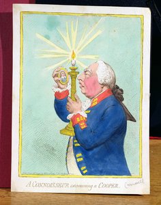 Cooperia tutkiva tuntija George III (1738-1820), joka pelkää uutta vallankumousta, katselee Cromwellin muotokuvaa pubissa. Kirjailija: Hannah Humphrey, 1792