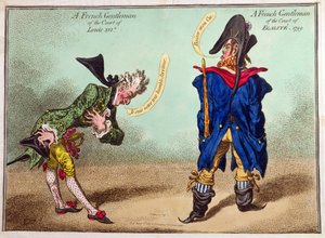 Ranskalainen herrasmies Ludvig XVI:n hovista ja ranskalainen herrasmies Egaliten hovista, julkaistu vuonna 1799 (käsin väritetty etsaus).