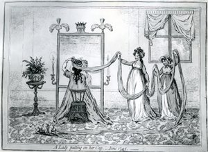 Nainen pukee hattua, 1795 tekijältä James Gillray