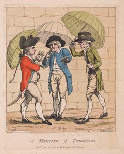 Sateenvarjojen kokous, pubi. 1782 (käsinvärinen kaiverrus) tekijältä James Gillray