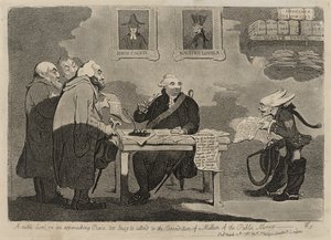 Jalo lordi lähestymässä rauhaa, liian kiireinen maksaakseen miljoonan julkisen rahan [käänteinen] tekijältä James Gillray