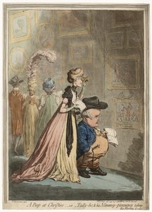 Kurkistus Christiesiin; tai Tally-ho, amp; Hänen Nimeney-Pimmeneyinsä ottamassa aamun oleskelutilaa vastaan tekijältä James Gillray