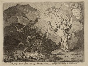 Kurkistus jakobinismin luolaan eli Suuri totuus voittaa, 1798 (etsaus paperille) tekijältä James Gillray