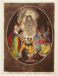 A Phantasmagoria - Kohtaus - Aseistetun luurangon loihtiminen esiin tekijältä James Gillray