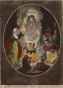 Phantasmagoria; - Kohtaus - Aseistetun luurangon loihtiminen, 5.1.1803 (käsinvärinen etsaus ja akvatinta kudospaperilla) tekijältä James Gillray