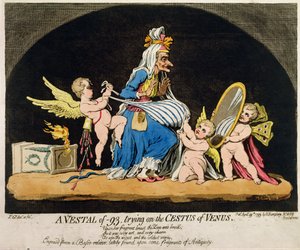 A Vestal of -93 yrittäen Venuksen Cestusta, Hannah Humphreyn julkaisema 1793 (käsin värjätty etsaus ja kaiverrus, jossa on akvatintti).