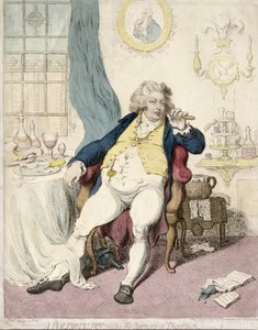A Voluptuary under the Horrors of Digestion, julkaissut Hannah Humphrey vuonna 1792 (käsin väritetty etsaus).