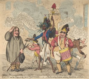 Alecto ja hänen junansa, Pandaemoniumin portilla: - tai - värväys Sarjeant Enli..., 4. heinäkuuta 1791. tekijältä James Gillray