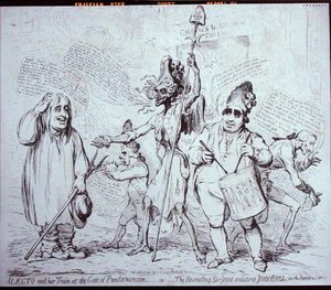 Alecto ja hänen junansa Pandemoniumin portilla, eli The Recruiting Serjeant, joka värvää John Bullin Revolution Service -palvelukseen, julkaisija S.W. Fores vuonna 1791 (etsaus) tekijältä James Gillray