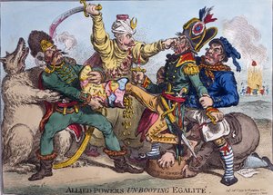 Liittoutuneet vallat purkavat Egalitea, Hannah Humphreyn julkaisema 1799 (käsinväritetty etsaus).
