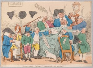 Apteekkarit, Taylorit jne. valloittavat Ranskan ja Espanjan, pub. 1779 (käsin väritetty kaiverrus).