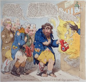 Blue und Buff Charity eli Kreikan papiston patriarkka hakemassa apua, julkaissut Hannah Humphrey vuonna 1793 (käsinvärinen etsaus)