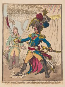 Bonaparten kuuleva Nelsons Victory vannoo miekkansa kautta hävittääkseen englantilaiset maapallolta, pubi. 1798 (käsinvärinen kaiverrus)