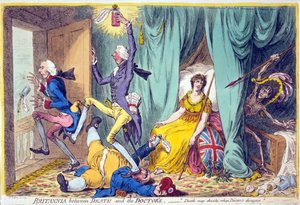 Britannia kuoleman ja lääkäreiden välissä, pub. Hannah Humphrey, 20. toukokuuta 1804 (käsin väritetty kaiverrus).