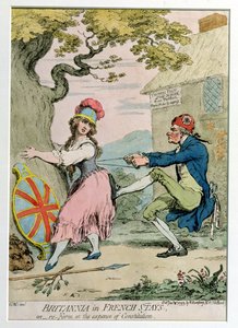 Hannah Humphreyn vuonna 1793 julkaisema Britannia ranskalaisiksi jäädäksi tai muotoiltu uudelleen perustuslain kustannuksella (käsinvärinen etsaus)