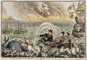British Tars hinaamassa Tanskan laivastoa satamaan, tai The Broadbottom Leviathan, joka yrittää suistaa Billyn vanhan veneen, ja pieni korsikalainen, joka horjuu kunnianhimo pilvissä, 1807 (käsinvärinen etsaus)