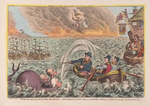 British Tars hinaamassa Tanskan laivastoa satamaan: leveäpohjainen Leviathan yrittää suistaa Billysin vanhan veneen ja pieni korsikalainen, joka horjuu Clouds of Ambitionissa, pubi. 1807 (käsinvärinen engra