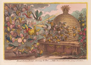 Leveäpohjaiset droonit hyökkäävät pesään: ampiaiset, hornetit ja kimalaiset liittyvät hyökkäykseen, pubi. 1808 (käsinvärinen kaiverrus)
