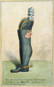 Hannah Humphreyn vuonna 1797 julkaisema sarjakuva eversti Justly Watsonista saappaiden kanssa (käsinvärinen etsaus)
