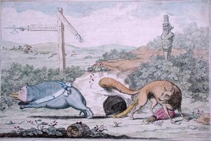 Paikkojen vaihtaminen eli Kettu haisemassa mäyrää pesästään, julkaissut William Humphrey vuonna 1782 (käsinvärinen etsaus) tekijältä James Gillray