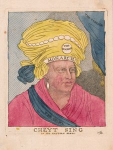 Cheyt Sing itämekossaan, pubissa. 1786 (käsinvärinen kaiverrus)