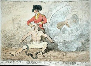 Cooling the Brain, tai The Little Mayor Shaving the Shaver, julkaissut J. Aitken vuonna 1789 (käsinvärinen etsaus) tekijältä James Gillray