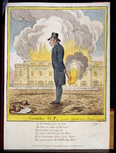 Neuvonantaja O.P., teatterivapauksiemme puolustaja, näyttää Covent Garden Theatren pubin palamisen. kirjoittanut Hannah Humphrey, 1809