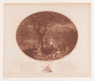 Tanssiva mies ja nainen puun alla Kyläjuna (otsikko esineessä) tekijältä James Gillray
