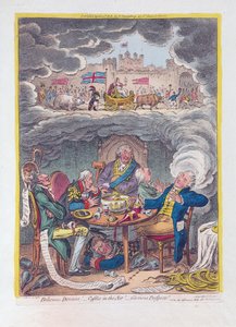 Herkullisia unia: linnoja ilmassa! - Glorious Prospects!, pubi. 1808 (käsinvärinen kaiverrus)