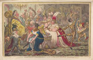 Dilettanti Theatricals tai Kurkistus Vihreässä huoneessa, vide. Pic-Nic-Orgies, pubi. 1803 (käsinvärinen kaiverrus)