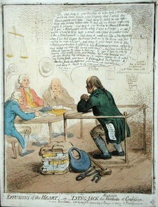 Effusions of the Heart tai Lying Jack the Blacksmith at Confession, julkaisi Hannah Humphrey vuonna 1795 Philanthropic Societylle (käsinvärinen etsaus) tekijältä James Gillray