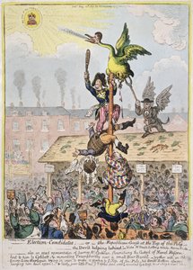 Hannah Humphreyn julkaisija vuonna 1807 (käsinvärinen etsaus) vaaliehdokas tai republikaanien hanhi napan huipulla
