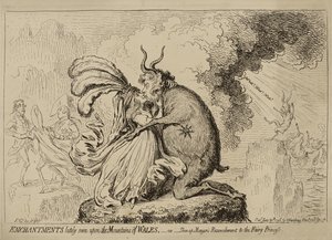Walesin vuorilla viime aikoina nähty lumous eli "Shon-ap-Morganin sovinto keijuprinsessalle", julkaistu 30. kesäkuuta tekijältä James Gillray