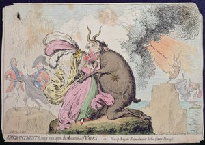 Äskettäin Walesin vuorella nähdyt lumoukset tai Shon-ap-Morganin sovinto keijuprinsessalle, Hannah Humphreyn vuonna 1796 julkaisema (käsinvärinen etsaus)
