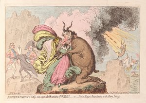 Viime aikoina Walesin vuoristossa nähty lumous tai Shon-ap Morgans Reconcilement to the Fairy Princess, pubi. 1796 (käsinvärinen kaiverrus)