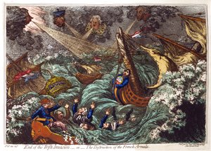 Irlannin hyökkäyksen loppu - tai - Ranskan armadan tuho, James Gillray 1797. Pitt ylhäällä vasemmalla ja hänen ministeriensä räjäyttämät ranskalaiset laivat. Charles James Fox ja hänen oppositioliittolaisensa hukkumisvaarassa. tekijältä James Gillray