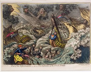 Irlannin hyökkäyksen loppu eli The Destruction of the French Armada, julkaisija Hannah Humphrey vuonna 1797 (käsinvärinen etsaus ja akvatinta)