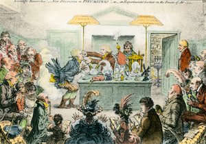 Englantilainen satiiri tieteestä: uudet löydöt pneumaattisista materiaaleista. Satiirinen piirustus tieteellisten konferenssien innostuksesta 1800-luvulla. Kaiverrus James Gillray (1757-1815) tekijältä James Gillray