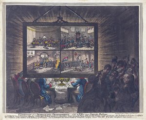 Näyttely demokraattisesta avoimuudesta ja sen vaikutuksista isänmaallisiin tunteisiin, pub. 1799 (käsinvärinen kaiverrus)